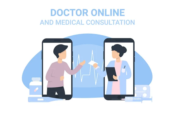 Telefone homem e médico mulher telefone consulta médica — Vetor de Stock