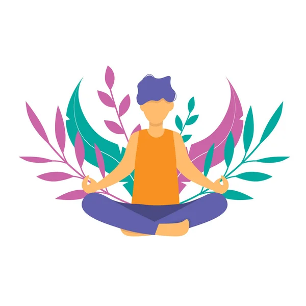 Man yoga Lotos poses kleurrijke bloemen — Stockvector