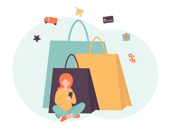 Shopping online, sedersi sul pavimento, big bags — Vettoriale Stock