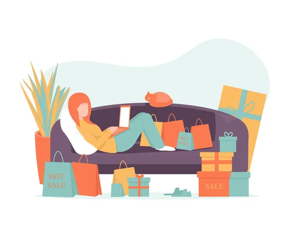 Compras, chica en casa con portátil — Vector de stock