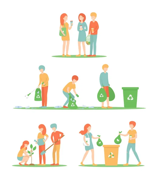 Set people clean up the trash and plant a tree, eco bag, cup — Stock Vector