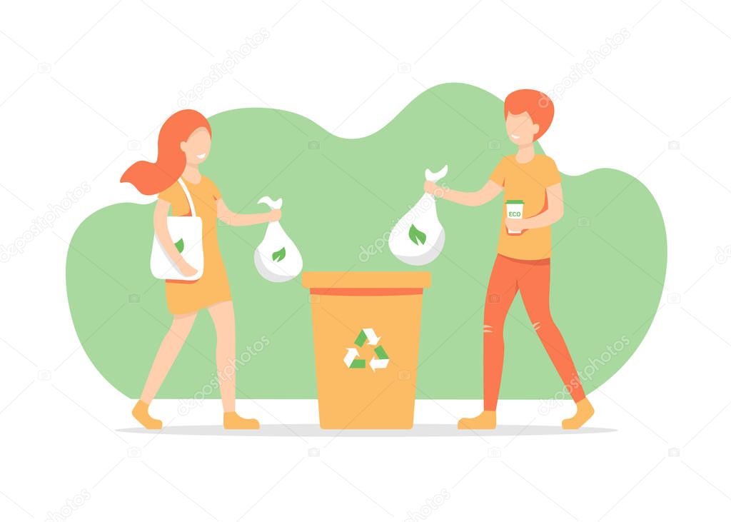 girl and guy throws out trash