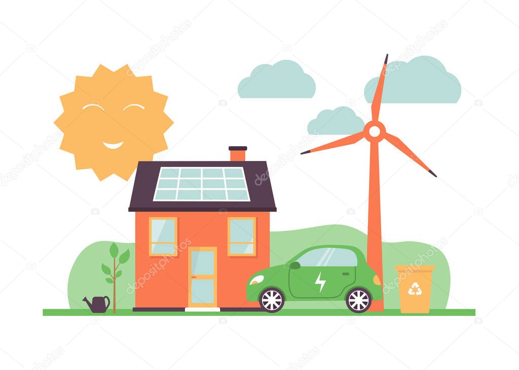 solar energy, eco car, house, windmills, sort garbage