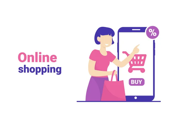 Shopping femme en ligne vente mobile — Image vectorielle