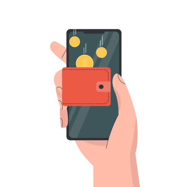 Telefono a mano con soldi portafoglio — Vettoriale Stock