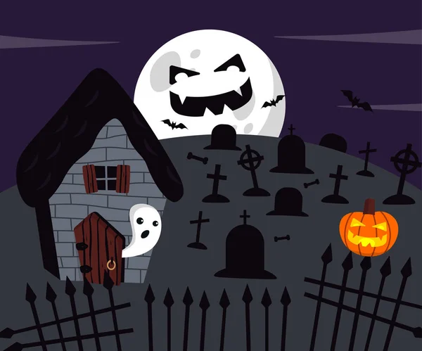 Maison, cimetière et lune effrayante — Image vectorielle