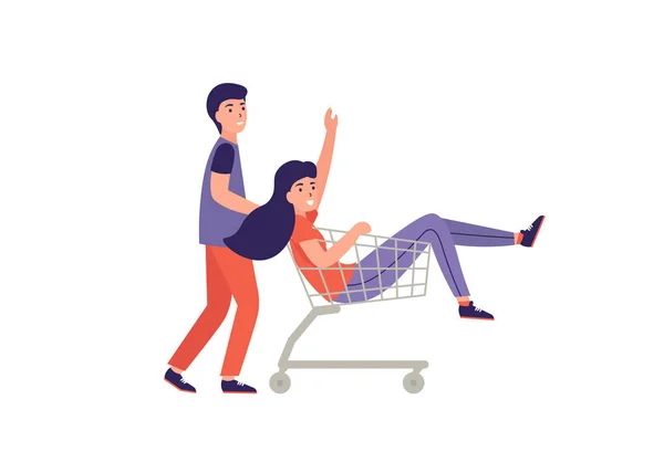 Flicka i en vagn och kille, shopping — Stock vektor