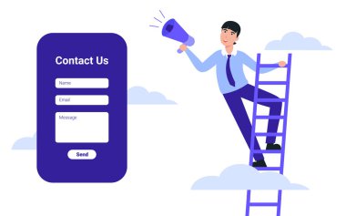 Bizimle bağlantı kur. Web sayfası adamı ve hoparlör.