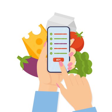 Yiyecek alışverişi yapan kadın el ve telefon konsepti