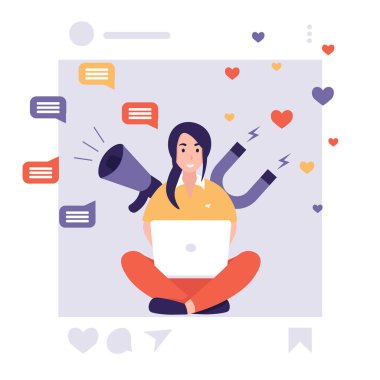 Sosyal medya kadın laptop, mehaphone, mıknatıs