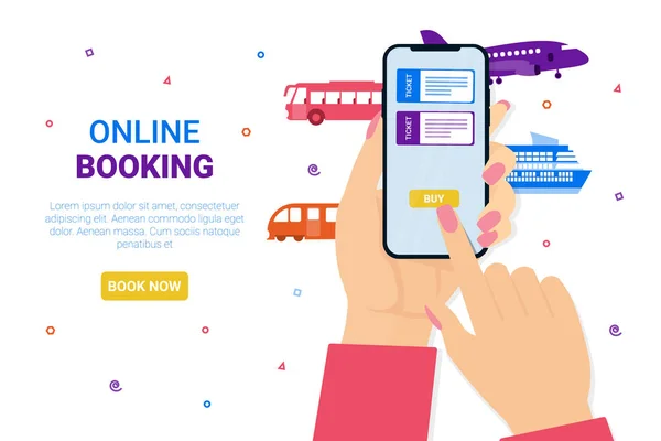 Booking ticket online concept hand and mobile — 스톡 벡터