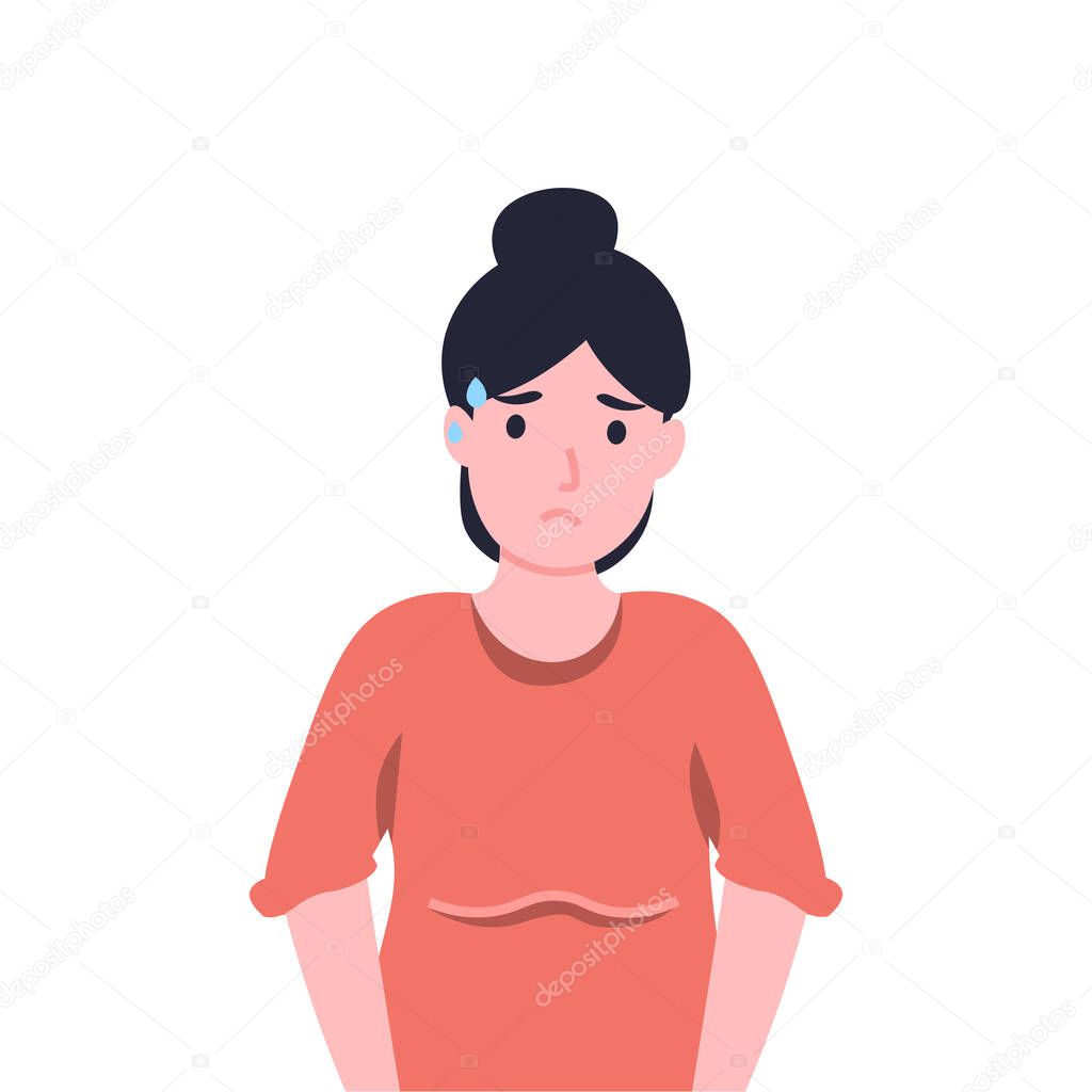 Woman bathed in a sweat. Girl sweating a lot. Flat vector cartoon illustration.
