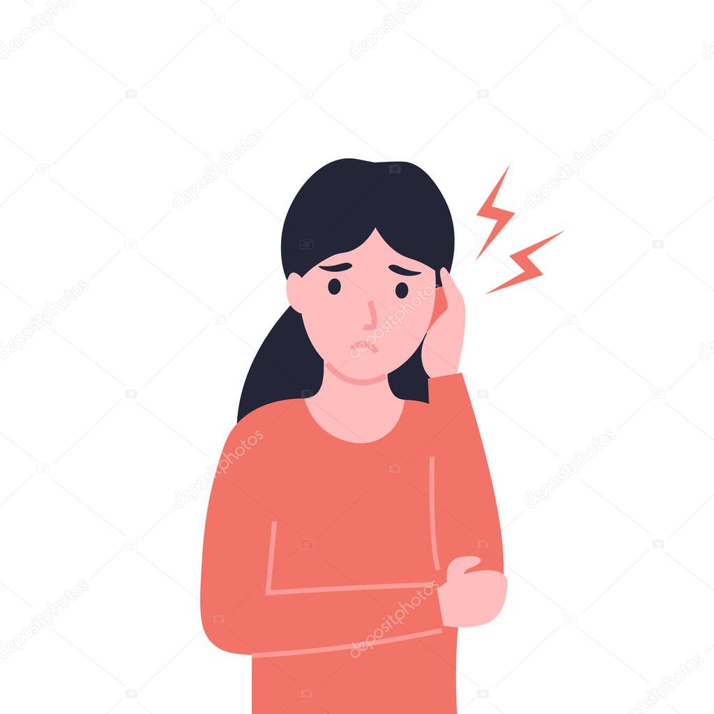 Woman with of earache. Girl with media otitis. Girl holds hand on your earFlat vector cartoon modern illustration.