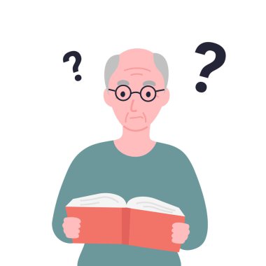 Yaşlı adam kitap okuyamaz. Dedemin görme sorunu var. Alzheimer 'ın yazılı ve konuşulan dili anlama zorluğu. Düz vektör karikatür çizimi.
