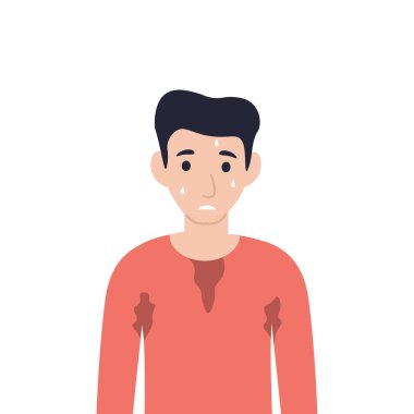 Adam ter içinde kalmış. Adam çok terliyor. Düz vektör karikatür çizimi.