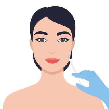 Hyaluronik asit enjeksiyonu, mezoterapi, plasmolift veya botoks konsepti. Düz vektör karikatür çizimi.