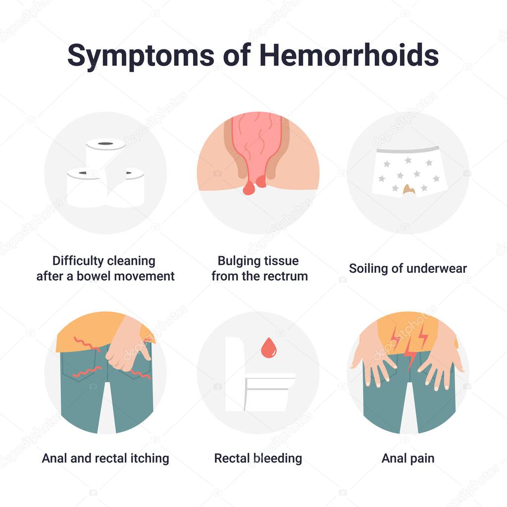 Conjunto infografía médica iconos síntomas de las hemorroides