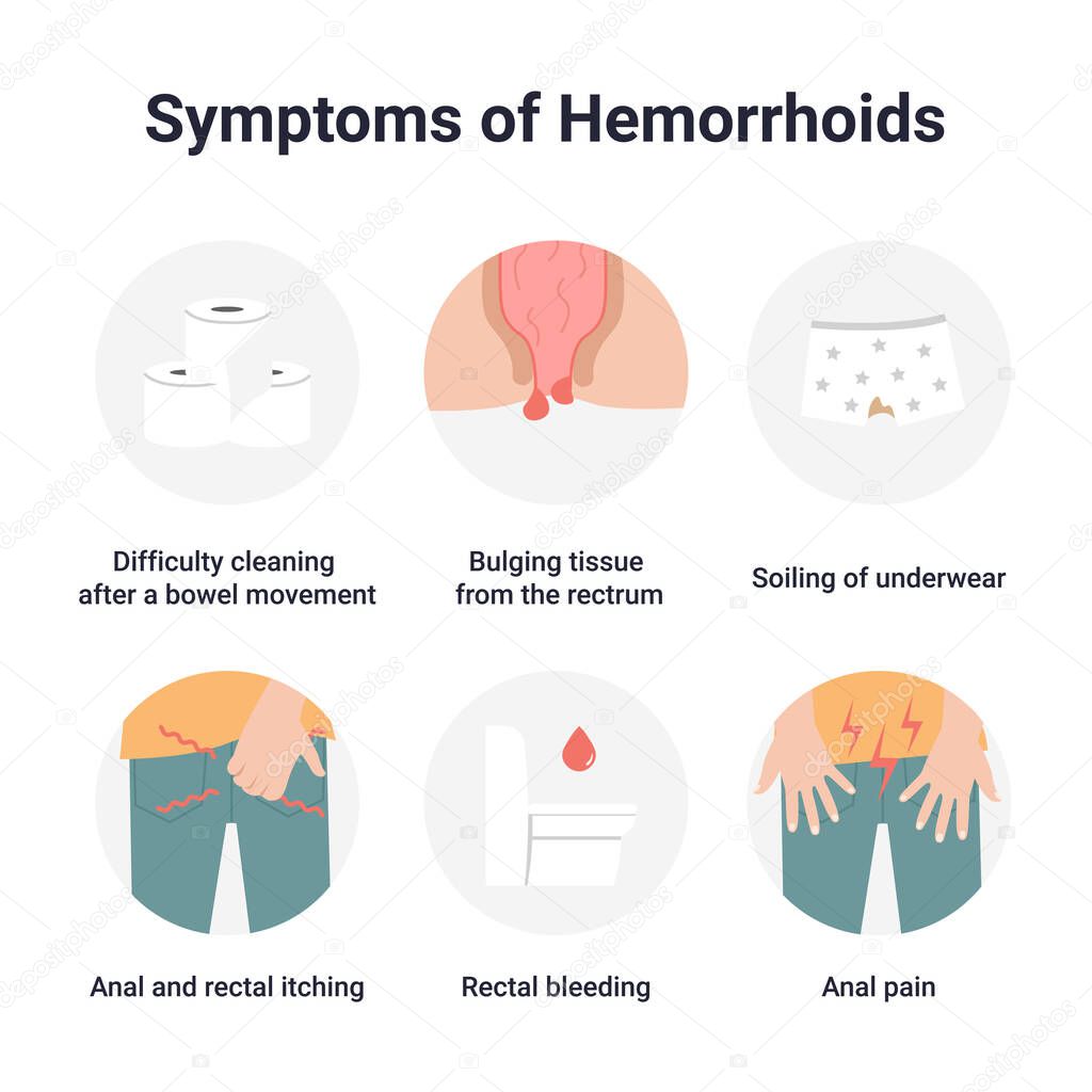 Set infographic medical icons symptoms of hemorrhoids, Flat vector illustration.