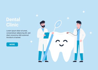 Diş kliniği konsepti, mutlu dişlerin yanında iki dişçi. Web sayfası, afiş, poster, şablon ve düzen için düz vektör illüstrasyonu.