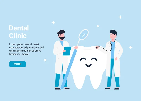 Concepto Clínica Dental Dos Dentistas Cerca Diente Feliz Ilustración Vector — Archivo Imágenes Vectoriales