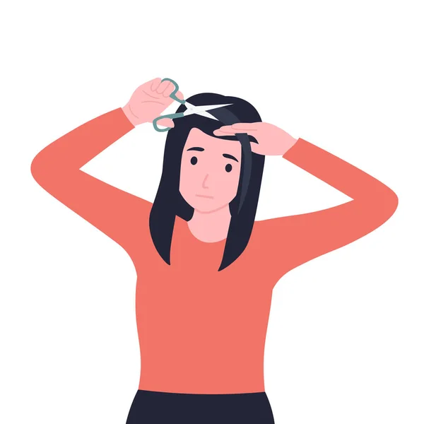 Mujer Corta Flequillo Retrato Una Joven Atractiva Cortando Propio Cabello — Vector de stock