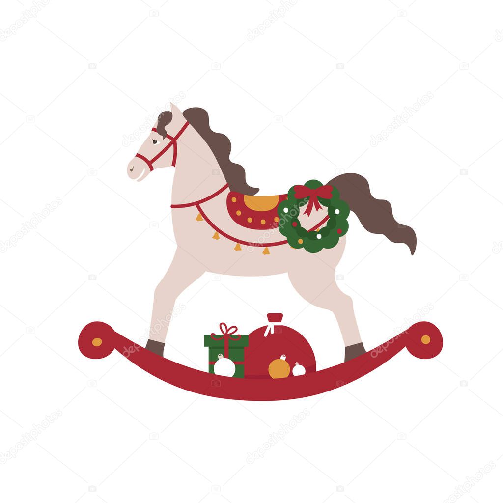 New year rocking horse with gifts and new year wreath. Merry Christmas and New Year. Xmas. Flat vector cartoon illustration.