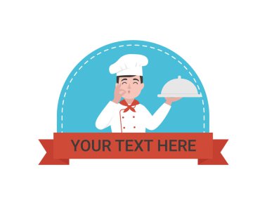 Mutlu aşçı servis tepsisini tutarken, adam lezzetli olduğunu göstermek için parmaklarını öper. Mesajın için yer aç. Düz vektör karikatür çizimi.