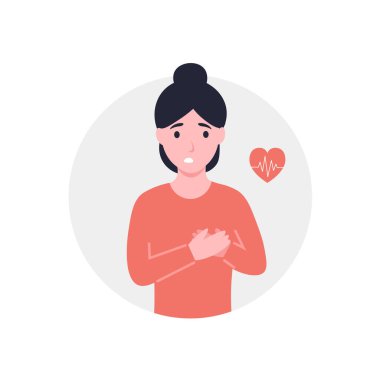 Hızlı nabız ya da kalp krizi, ağrı. Kadın göğüste el ele tutuşuyor. Güçlü göğüs ağrısı olan, baskı hisseden ya da sıkan bir kız. Düz vektör çizgi film modern illüstrasyon.