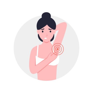 Koltuk altı ağrısı ya da koltuk altı ağrısı olan bir kadın. Düz vektör karikatür modern illüstrasyon. Hidradenitis suppurativa.