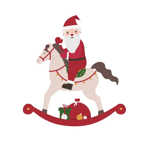 Nieuwjaar Schommelpaard Met Geschenken Nieuwjaarskrans Vrolijk Kerstfeest Nieuwjaar Kerst Platte — Stockvector