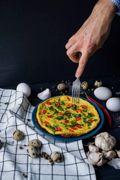 Ev yapımı omlet el ile plaka üzerinde. Sağlıklı gıda kavramı.