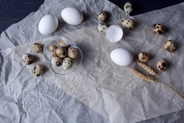Quail eggs and chicken eggs. White paper background. Top view. Free space.