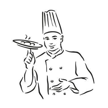 Bıyıklı Şef beyaz arka plan üzerinde izole tek renkli vektör çizim
