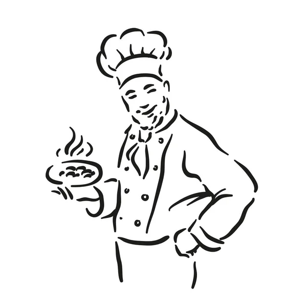 Ilustração vetorial monocromática de chef whiskered isolado sobre fundo branco —  Vetores de Stock