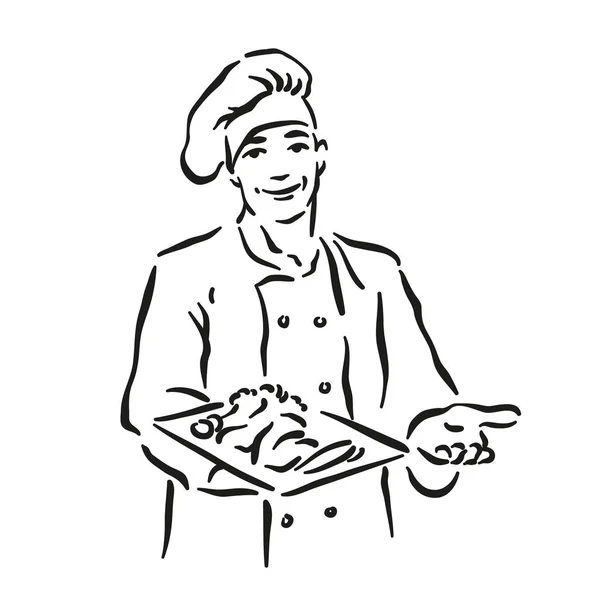 Ilustração vetorial monocromática de chef whiskered isolado sobre fundo branco — Vetor de Stock