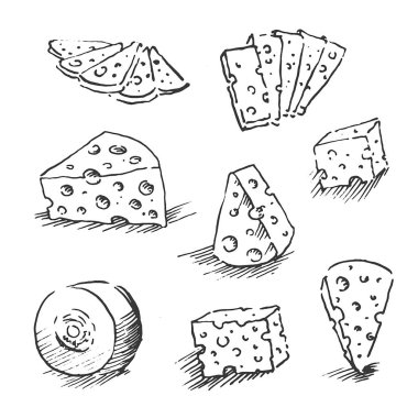 Beyaz bir arka plan üzerinde elle çizilmiş peynir anahat vektör illüstrasyon izole peynir. Peynir kroki, doodle koleksiyonu, peynir simgelerin ayarlamak