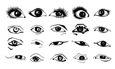 Güzel kadın gözleri mürekkep çizim vektör. resimde. Siyah beyaz ayarla.