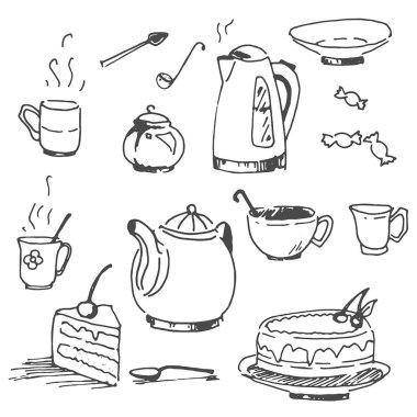 El çizilmiş kroki çay desen illüstrasyon vektör 