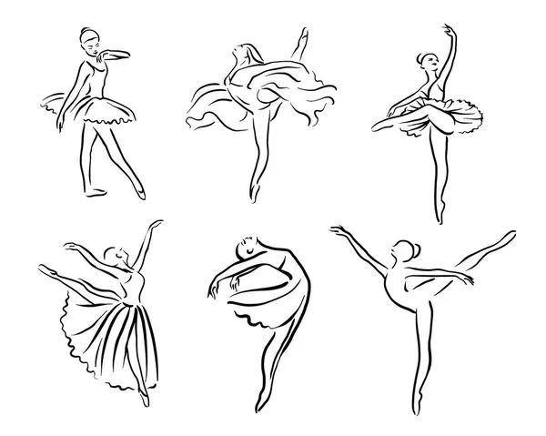 Mão artística desenhado imagens conjunto de tema de teatro. Bailarinas a dançar. Bailarina dançarina com tutu, posar mulher no balé, ilustração vetorial —  Vetores de Stock