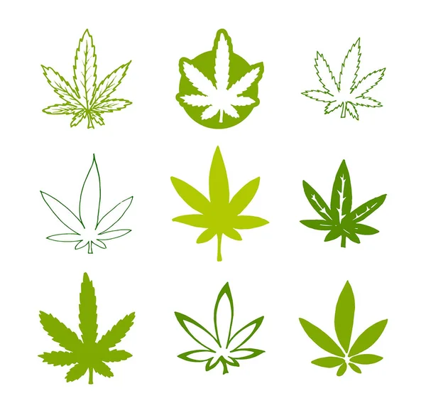 Vetor mão desenhado ícone ilustração conjunto de folha de cannabis cânhamo verde — Vetor de Stock