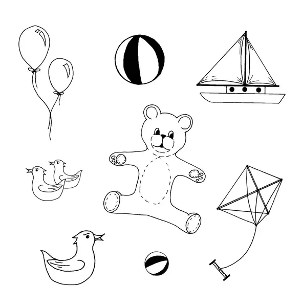 Set di illustrazioni vettoriali disegnate a mano di giocattoli per bambini su sfondo bianco — Vettoriale Stock