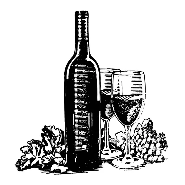 Διάνυσμα συρμένο χέρι σκίτσο της φιάλης κρασιού με γυαλί και σταφύλια εικόνα σε άσπρο φόντο — Διανυσματικό Αρχείο