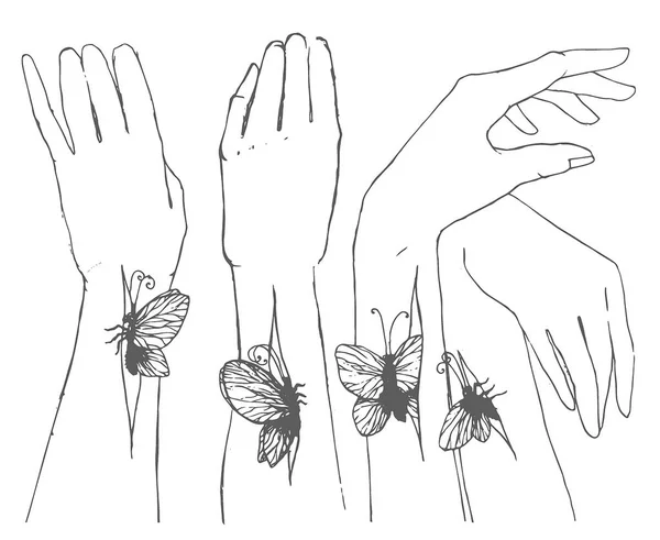 Hand getrokken schets van handen met vlinder illustratie vector — Stockvector
