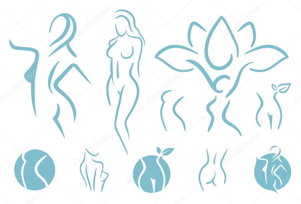 Women fitness logo icon.  Woman silhouette. Diet logo. Spa salon logo.