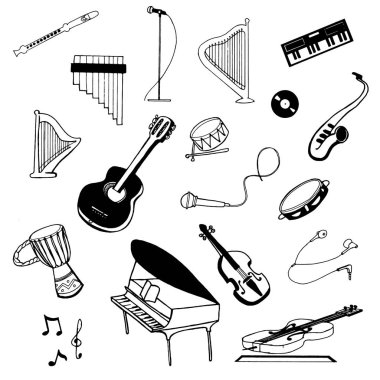 Beyaz arka plan üzerinde illüstrasyon vektör el çizilmiş kroki müzik aletleri