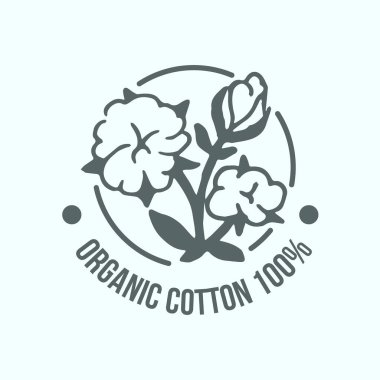 Doğal organik pamuk, saf pamuk vektör etiketleri ayarlama. El çekilmiş, tipografik tarzı simgeleri veya rozetleri, çıkartmalar, işaretler. İzole beyaz arka plan