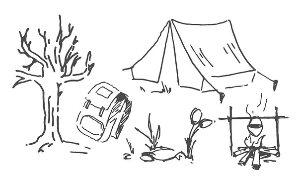 Vector Dibujo dibujado a mano de camping ilustración en wh — Archivo Imágenes Vectoriales