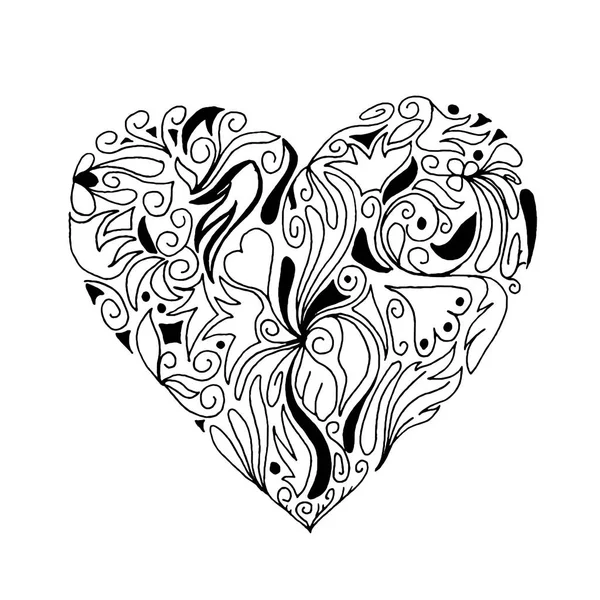 Vettore Schizzo disegnato a mano del cuore con ornamenti illustrazione su sfondo bianco — Vettoriale Stock