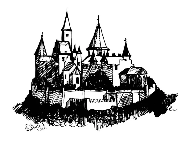 Authentic Castle Tornet Hand Dras Vektor Silhuett Illustration Vit Bakgrund — Stock vektor