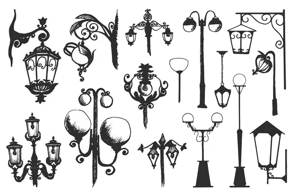 Lanterna stradale disegnata a mano doodle city set. Illustrazione vettoriale inchiostro — Vettoriale Stock